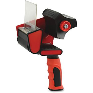 Red and black handheld tape dispenser with a clear tape shield and ergonomic handle.