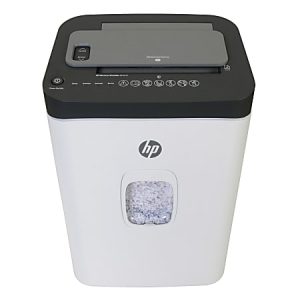 White HP paper shredder with black top, featuring control buttons and a transparent window showing shredded paper inside.