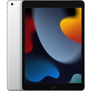 Silver tablet with a black front display, showing an abstract colorful background, placed against a white backdrop.
