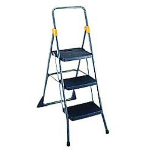 Three-step folding ladder with a safety handle, featuring black steps and a metallic frame with yellow hinges.