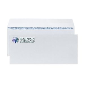 White envelope with "Robinson Landscaping" logo and address printed in the top left corner, blue security lining inside.