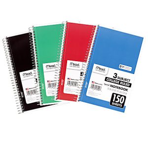 Four spiral-bound, 3-subject notebooks in black, green, red, and blue, each with 150 sheets and college-ruled pages.
