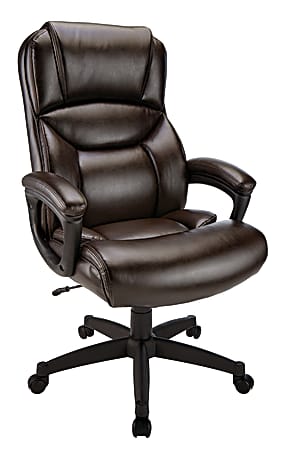 Brown leather office chair with padded armrests and rolling wheels on a swivel base.