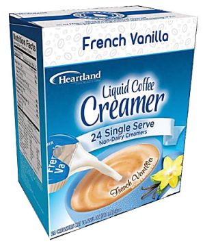 Box of Heartland Liquid Coffee Creamer in French Vanilla flavor, featuring 24 single-serve non-dairy creamers.