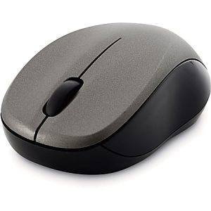 A wireless computer mouse with a metallic gray top and black sides, featuring two buttons and a scroll wheel.
