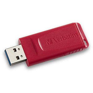 Red USB flash drive with "Verbatim" branding, featuring a slide mechanism, and visible USB connector.