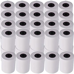 Array of 30 white thermal paper rolls neatly arranged in a rectangular grid pattern on a plain background.