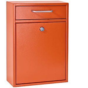 Orange lockable wall-mounted mailbox with a top handle and mail slot.