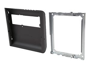 Mounting kit with a black recessed enclosure and a metallic frame, used for installing devices into walls.