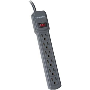 Gray Kensington power strip with six outlets and a red power switch.
