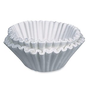 Stack of white, ruffled coffee filters on a white background.