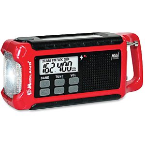 Red emergency weather radio with LCD display, buttons for band, tune, and volume, and built-in flashlight.