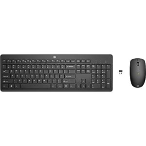 Black wireless keyboard and mouse set with USB receiver, featuring a compact, slim design and low-profile keys.