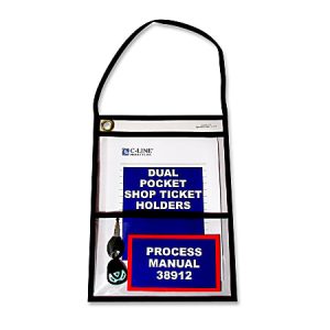 Clear dual pocket shop ticket holder with a hanging strap, displaying a manual and keys inside.
