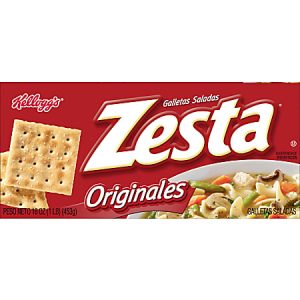 Red box of Kellogg's Zesta Galletas Saladas Originales with crackers and noodle soup pictured on the packaging.