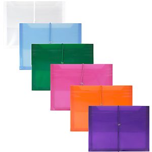 Five translucent plastic file envelopes in white, blue, green, pink, orange, and purple, displayed in a fan arrangement.