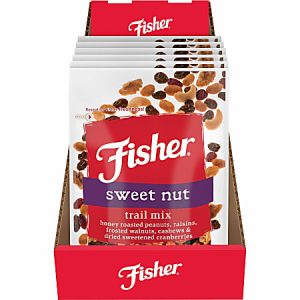 Box of Fisher Sweet Nut Trail Mix packages, featuring honey roasted peanuts, raisins, walnuts, cashews, and cranberries.