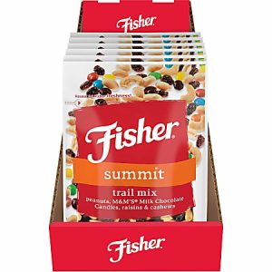 Fisher Summit trail mix packs in a display box, featuring peanuts, M&M's, raisins, and cashews.