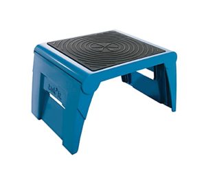 Blue plastic step stool with textured black rubber top for stability.