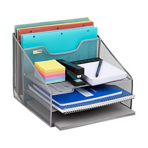 Mesh metal desk organizer with file folders, sticky notes, notepad, stapler, and pen.