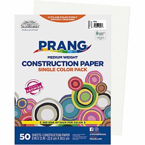 Prang white construction paper pack, 9x12 inches, 50 sheets. Medium weight, single color pack with colorful circle design.