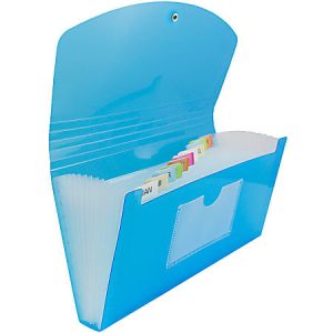 Blue accordion file folder with colored tabs and clear front pocket, slightly open to reveal multiple compartments.