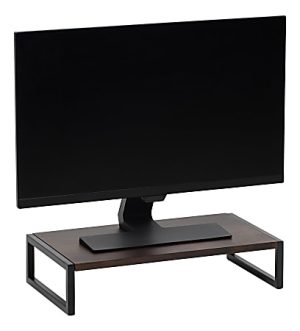 Flat-screen monitor on a wooden stand with metal legs, isolated on a white background.