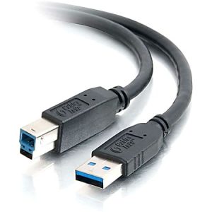 Black USB 3.0 cable with Type A and Type B connectors on a reflective surface.