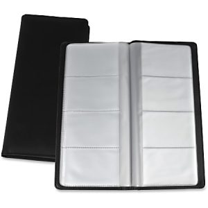Black leather business card holder with multiple clear pockets displayed open and closed.