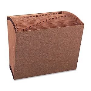 Brown accordion file organizer with numbered tabs 1-31 for documents.