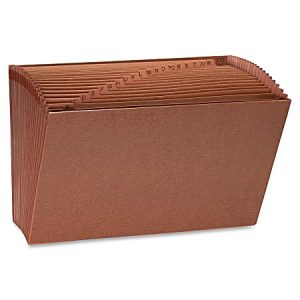 Brown expanding file folder with alphabetical tabs and multiple sections, used for organizing documents.