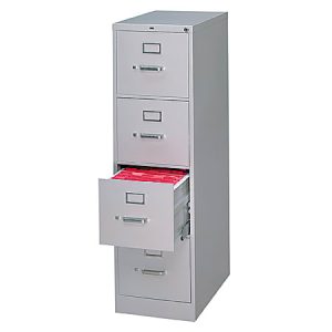 Gray filing cabinet with four drawers, one open revealing red file folders neatly organized inside.