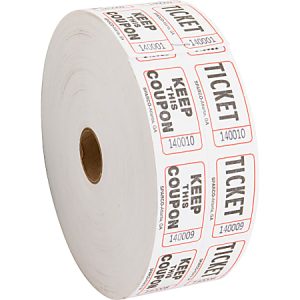 Roll of white raffle tickets with black "KEEP THIS COUPON" and numbers, used for events or drawings.