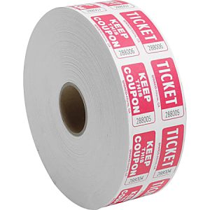 Roll of white raffle tickets with red text, reading "Ticket, Keep This Coupon," showing multiple consecutive tickets.