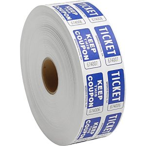 Roll of blue and white raffle tickets labeled "TICKET" and "KEEP THIS COUPON" with sequential numbers.