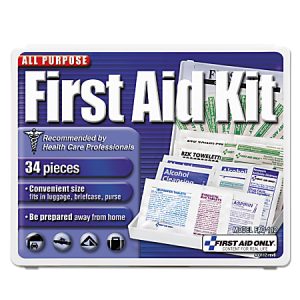 All-purpose first aid kit with 34 pieces; recommended by health professionals. Compact for travel, fits in luggage or purse.