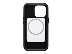 Black phone case with white MagSafe ring, transparent back, and camera cutout.