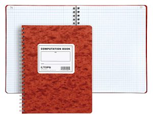 Red spiral-bound computation book with grid pages, one open and one closed, showing numbered pages 76 and 77.