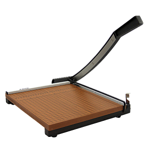 Manual paper cutter with a wooden grid base and a black handle blade, designed for precision cutting of sheets.