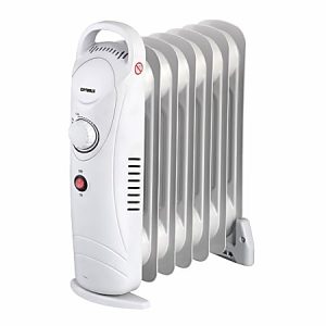 White oil-filled radiator heater with adjustable thermostat and power switch, featuring a handle for easy portability.