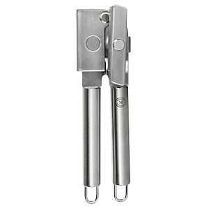 Stainless steel manual can opener with long handles and a gear-driven cutting mechanism.