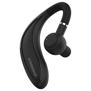Black Hypergear Bluetooth earpiece with an ergonomic design, featuring a curved shape and a blue indicator light.