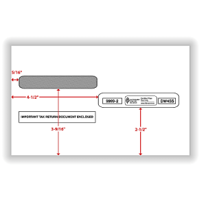 Diagram of a tax return envelope with specified dimensions and labels, featuring a rectangular window and important document notice.