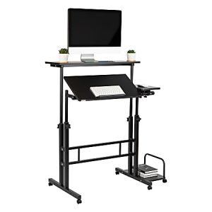 Adjustable standing desk with monitor, keyboard, two small plants, and storage space for books at the bottom.