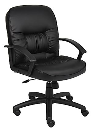 Black leather office chair with padded seat, armrests, and swivel base on wheels, set against a white background.