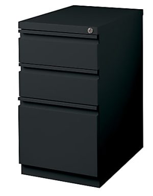 Black metal filing cabinet with three drawers and a lock at the top.