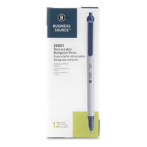 Box of Business Source 25051 retractable ballpoint pens, blue ink, 12 medium-point pens per box.