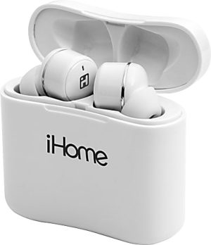 White iHome wireless earbuds in an open charging case, featuring a compact and sleek design.