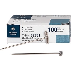 Box of 100 nickel-plated T-pins, showing product label with dimensions: 2" long, 9/16" head. One pin is displayed outside.