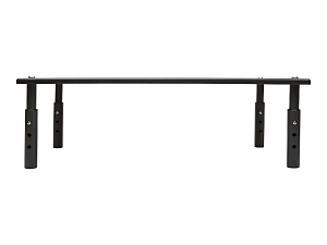 Black adjustable bench press rack with sturdy steel construction and multiple height settings.